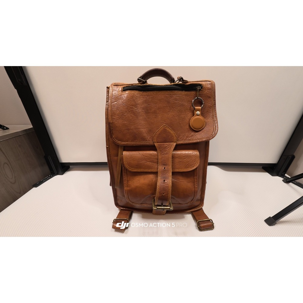 Vintage-Like Tan Leather Rucksack Laptop Bag Buckle Straps & AirTag Case